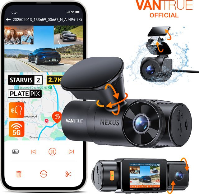 Vantrue N4S DashCam 3-Kanal mit WiFi und GPS, STARVIS 2, 2,7K + 1440P + 1440 wasserdichte Rückfahrkamera, HDR, IR Nachtsicht und 24h Parkmodus, Schwarz - Bild 1