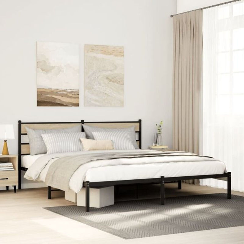 Metallbett VIDAXL in Sonoma-Eichen-Optik und Schwarz, Modernes Bett ohne Matratze, B/T/H: 180 x 200 x 91,5 cm - Bild 1