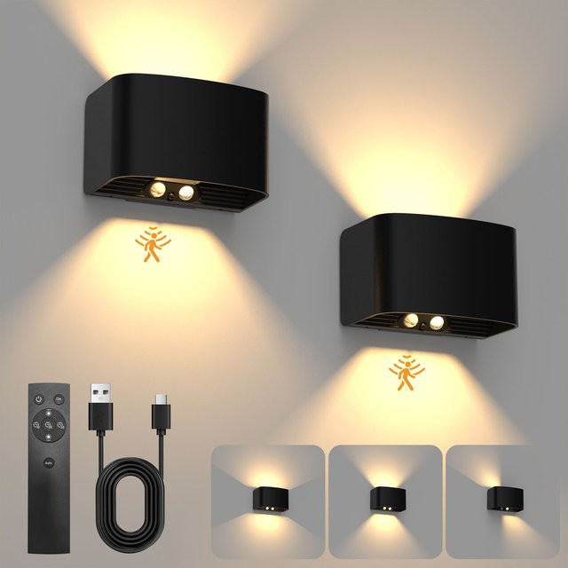 T-SUNRISE Wiederaufladbare LED-Wandleuchte in Schwarz mit Bewegungssensor und Fernbedienung, Warmweiß, Up-and-Down Licht für den Innenbereich - Bild 1