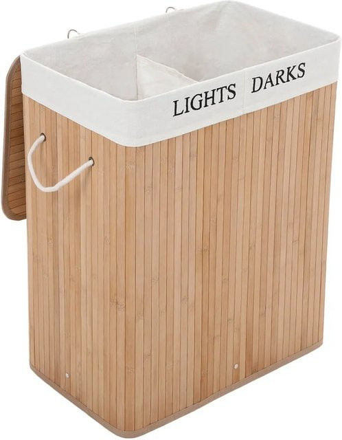 Songmics Wäschekorb aus Bambus mit 2 Fächern, Beige und Braun, B/T/H: 32 x 52 x 61 cm - Bild 1