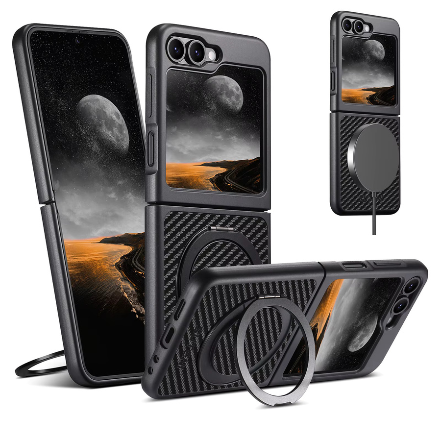SUTENI Handyhülle aus Kunstleder mit Magnet, kabellosem Laden und 360 Grad drehbarem Ständer sowie Ringschnalle für Samsung Galaxy Z Flip 7, Z Flip 6 und Z Flip 5 in Schwarz - Bild 2
