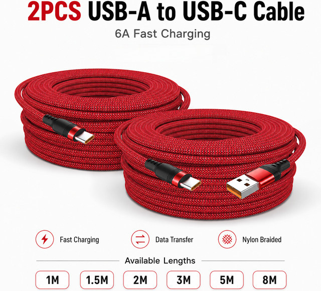 Lann 2er-Set USB-A auf USB-C Schnellladekabel mit 6A und Nylon-Geflecht in Grau und Rot - Bild 1
