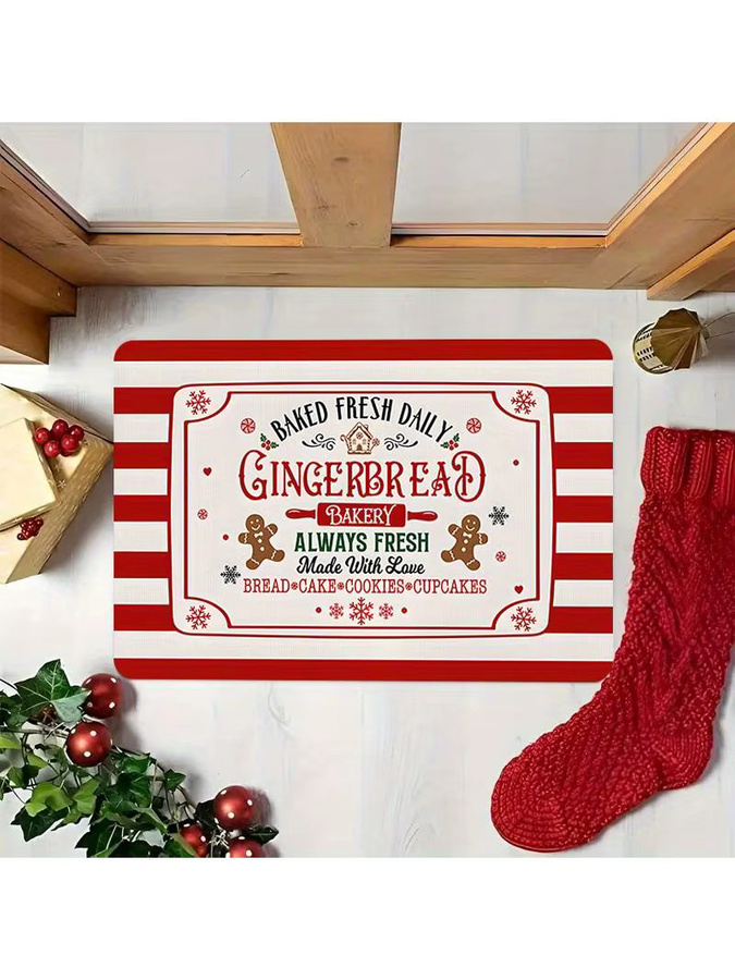 Rutschfeste Weihnachts-Fußmatte Lebkuchenmann in Rot-Weiß gestreift aus weichem Polyester, B/T: 60 x 40 cm - Bild 4