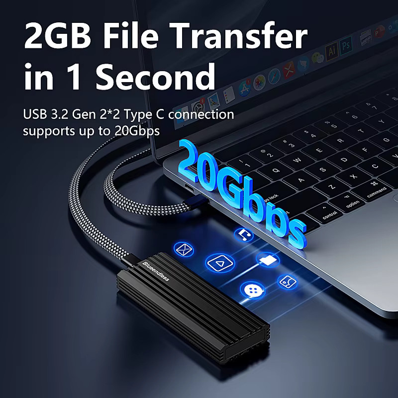 BLUEENDLESS M.2 NVMe Gehäuse USB 3.2 Gen 2x2 Typ-C zu M.2 SSD Adapter mit 20Gbps, unterstützt bis zu 8TB für 2230 2242 2260 2280 SSDs, Schwarz - Bild 2
