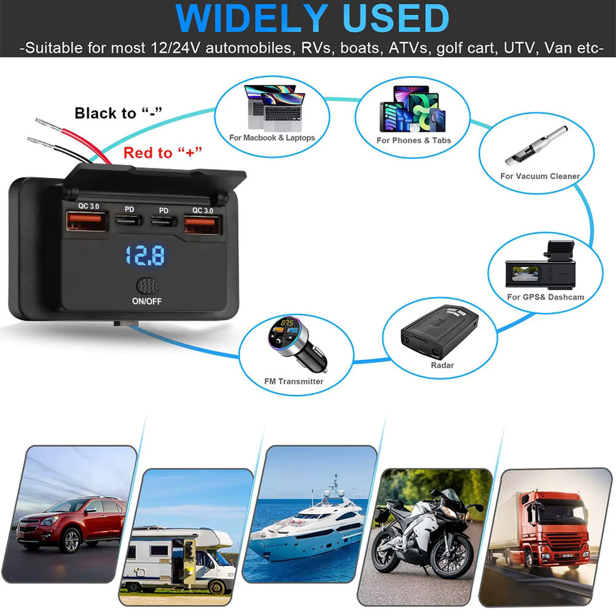KEBETEME USB-Autoladegerät mit 4 Ports, 96 W Schnellladegerät mit Dual PD und Dual QC 3.0, Schwarz, für 12 V/24 V Auto, Boot, Bus, RV und LKW - Bild 5