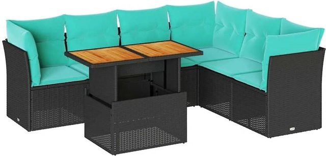 vidaXL 7-teilige Garten-Sofagarnitur in L-Form aus Poly-Rattan und pulverbeschichtetem Stahl in Schwarz mit Kissen und Stauraum - Bild 1