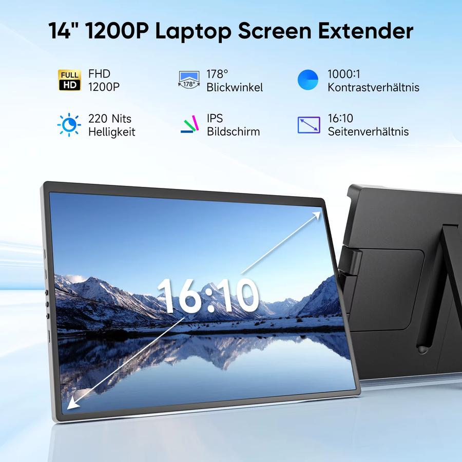 Dopesplay Tragbarer Monitor 14,1 Zoll mit HDR und 1200P Auflösung, Externer Bildschirm-Extender in Schwarz für Laptop, Xbox und PS4 - Bild 2