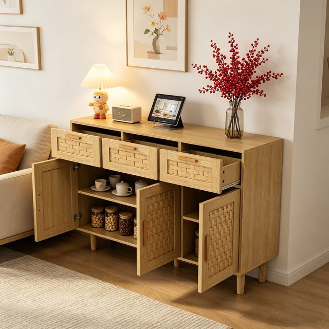 Superaly Rattan-Kommode in Eichenfarbe mit 3 Türen und 3 Schubladen, Sideboard aus Holz-Optik für Wohnzimmer und Küche, B/T/H: 108 x 40 x 80 cm - Bild 1