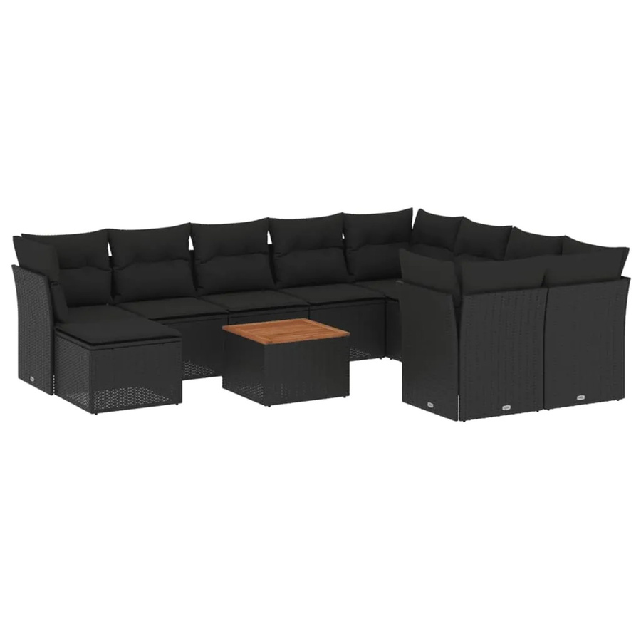 vidaXL 11-tlg Garten-Sofagarnitur aus Poly-Rattan und Akazienholz mit Kissen, Schwarz - Bild 2