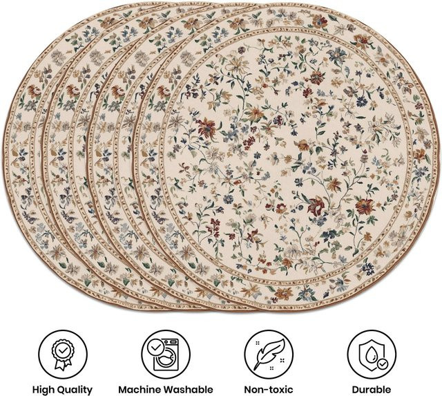 VIKAMA 4er-Set Platzsets aus Leinen mit Blumenmuster im Landhausstil, Rund, Mehrfarbig mit braunem Rand - Bild 1