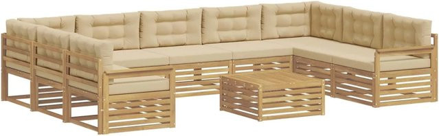 vidaXL Outdoor-Sofagarnitur 10-teilig in U-Form aus Massivholz Akazie mit Polstern in Weiß und Beige - Bild 1