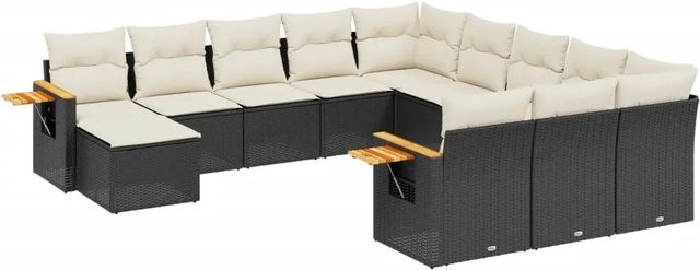 vidaXL 11-teilige Garten-Sofagarnitur aus Poly-Rattan und Akazienholz in Schwarz-Creme mit Kissen - Bild 1