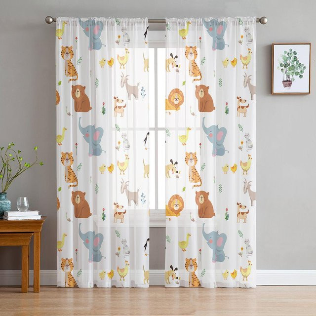 Transparente Tüll Vorhänge mit Cartoon Tier Motiven Tiger Löwe Elefant Pinguin für Wohnzimmer und Küche, Farbe: Transparent/Weiß, Breite: 135 cm, Höhe: 245 cm - Bild 1