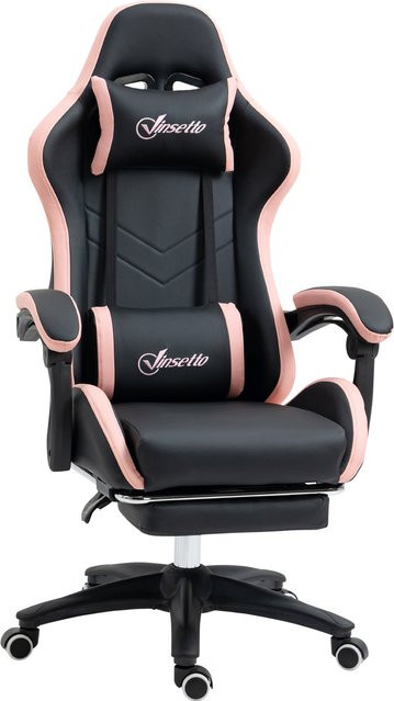 Vinsetto Gaming Stuhl von Aosom als ergonomischer Bürostuhl und Computerstuhl mit Kopfstütze, Lendenkissen und Fußstütze, höhenverstellbar, Kunstleder, Schwarz-Rosa - Bild 1