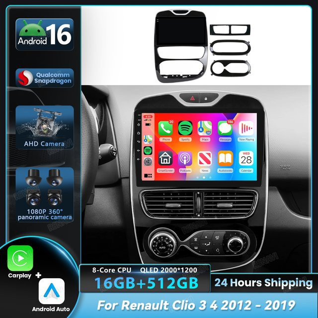 RSNAVI Android 16 Autoradio mit Carplay für Renault Clio 4 (2012 - 2019), Touchscreen Multimedia-Player mit WIFI, 4G und Bluetooth, Schwarz - Bild 1