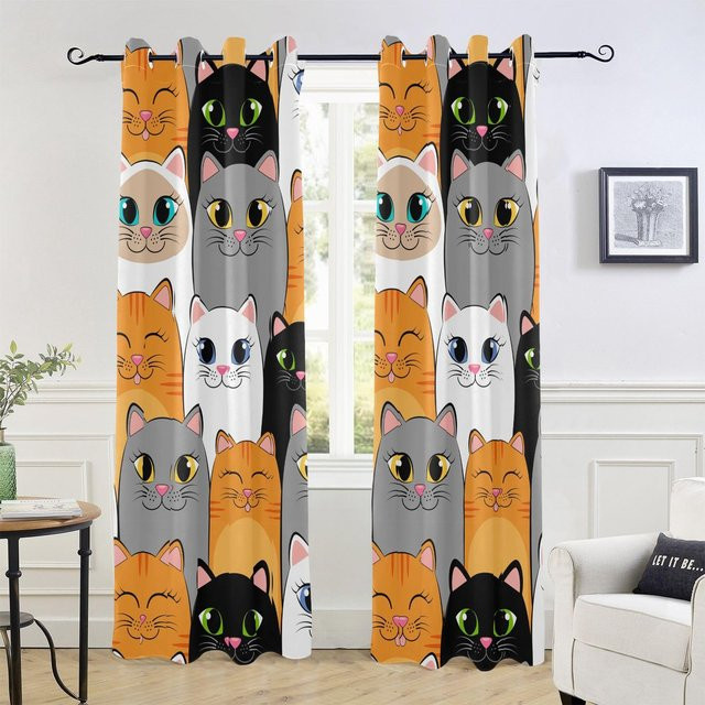 Yiran Furniture Katzen-Fenstervorhänge mit Tiermotiv für Kinder, 2er-Set, halbtransparent, Polyester, Mehrfarbig, B: 55 cm, H: 185 cm - Bild 1