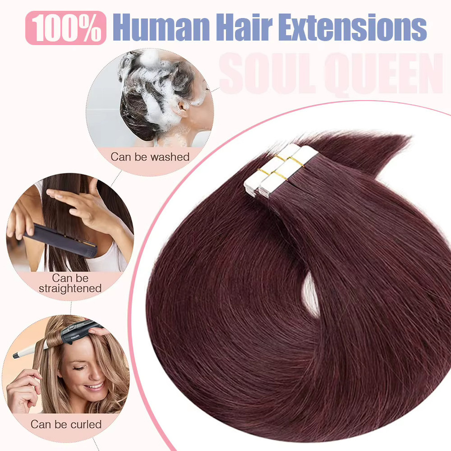 Soul Queen Tape-in-Extensions Echthaar, # 99J Burgund, Straight - Bild 6