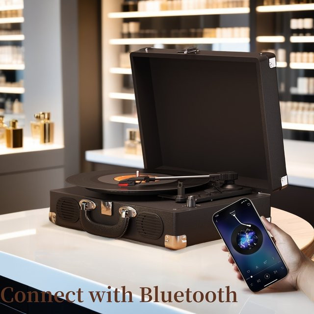 Maio S100 Riemengetriebenes Vintage-Grammophon in Schwarz mit eingebautem Lautsprecher und 3 Geschwindigkeiten für High-Fidelity-Stereo - Bild 1