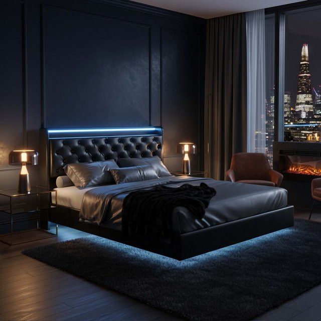 Modernes schwebendes Bett aus schwarzem Leder mit RGB LED, hydraulischem Stauraum und USB-Anschluss am Kopfteil, B/T/H: 140 x 200 x 0 cm - Bild 1