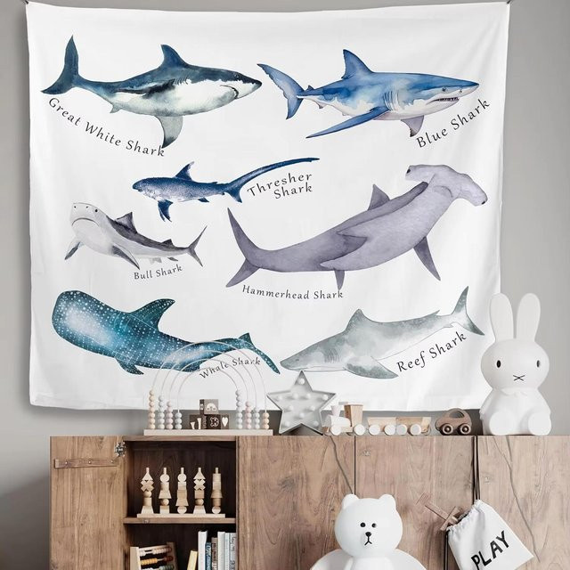 Pädagogischer Meereshai-Wandteppich von JMG Household Supplies, maritimer Wandbehang mit Haiarten in Blau, B/H: 40 x 60 cm - Bild 1