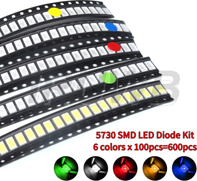 600 Stück SMD LED Dioden Kit mit 6 Farben in den Bauformen 5050 5730 1210 1206 0805 0603 0402 Rot Grün Blau Weiß Gelb Orange - Bild 1