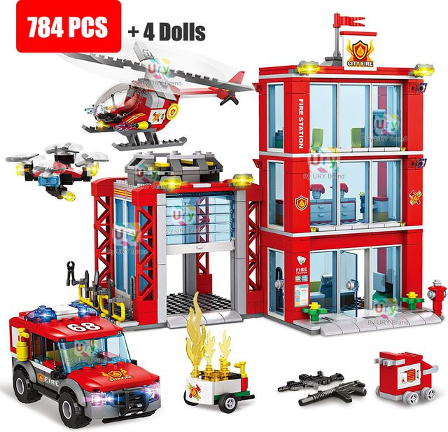 Stadt Feuerwache Leiter LKW Hubschrauber Auto Rettungsboot Feuerwehrmann Figur Flugzeug Modell Moc Bausteine Spielzeug - Bild 1