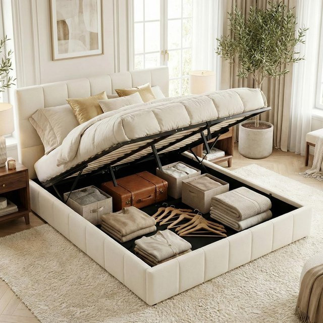 CLP Polsterbett Ladia mit Stauraum und Lift-Mechanismus, Doppelbett mit Stoffbezug in Beige - Bild 1