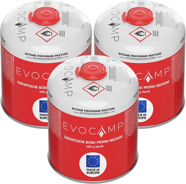 Evocamp Propan Butan Gaskartuschen mit Eurogewinde und Sicherheitsverschluss, 3 Stück, 450g pro Kartusche - Bild 1