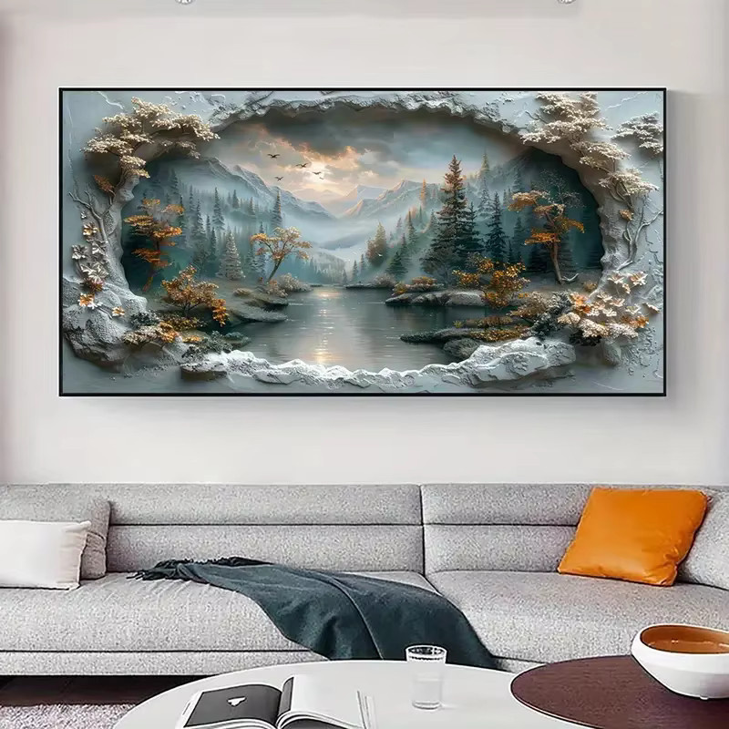 DIY 5D Diamantgemälde Winterlandschaft mit See, Bergen und Sonnenuntergang als Volldiamant-Mosaik-Stickerei in RealShining Ausführung - Bild 2