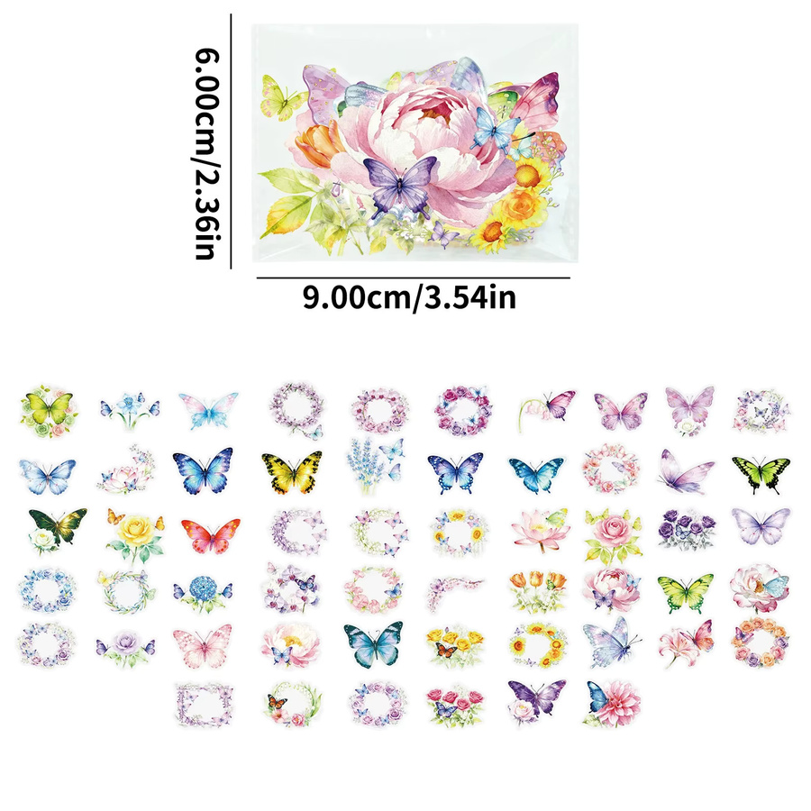 Set aus 56 oder 112 transparenten PET Aufklebern mit Schmetterlings- und Blumenmotiven in Multicolour für DIY Schreibwaren und Notebooks - Bild 2
