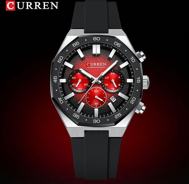 CURREN Chronograph Armbanduhr, Quarz, Silikon, Schwarz, Herren - Bild 1