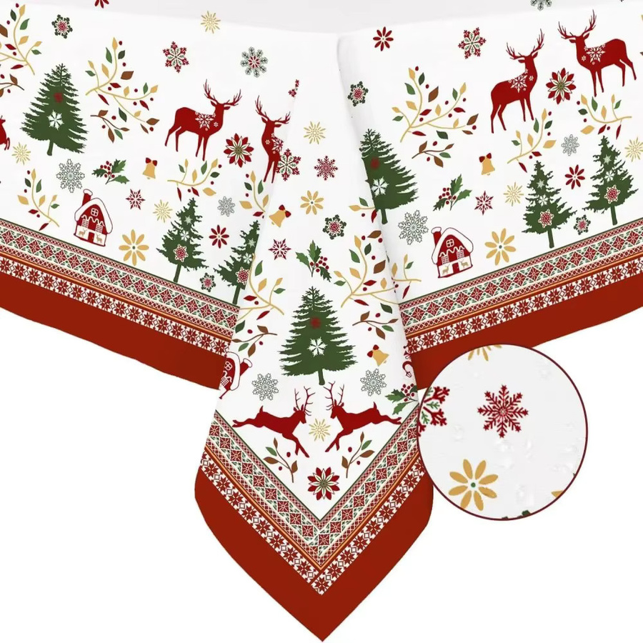 VIKAMA Weihnachtstischdecke aus Leinen mit Schneeflocken-Design in Weiß, rechteckige Tischdecke für Weihnachten und Winterpartys - Bild 3
