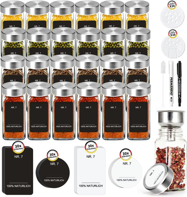 SIAZIH Gewürzglas-Set aus Glas mit Edelstahldeckel, quadratische Gewürzbehälter in Transparent, 35 Stück, Volumen: 120 ml pro Glas, inklusive Trichter und Etiketten - Bild 1