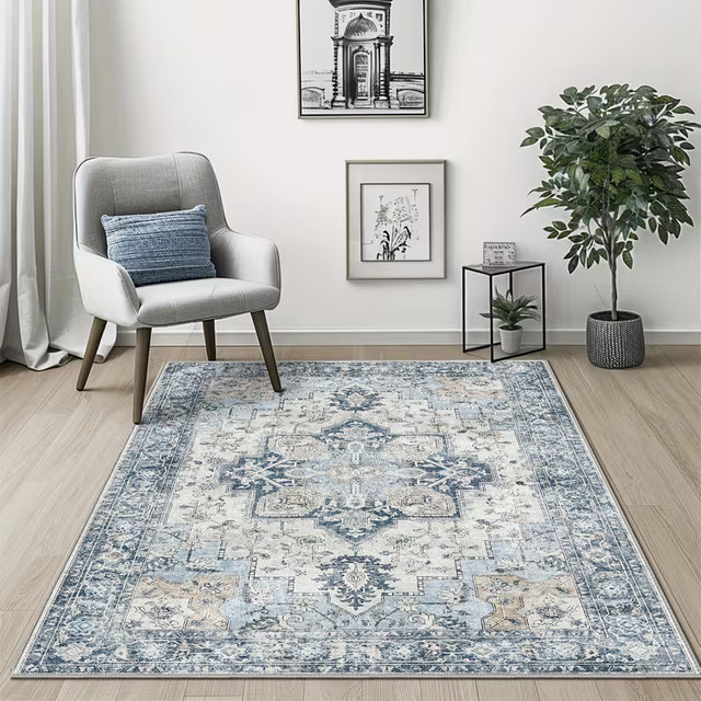 Maschinenwaschbarer Retro-Teppich in Blau, rutschfest und orientalisch im Design für Wohnzimmer, Schlafzimmer, Esszimmer, Büro oder Badezimmer - Bild 1