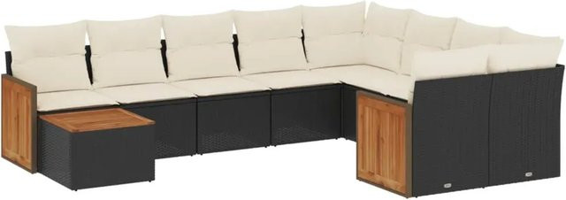 vidaXL 10-tlg. Garten-Sofagarnitur in L-Form aus Polyrattan und Akazienholz mit Kissen in Schwarz-Creme - Bild 1