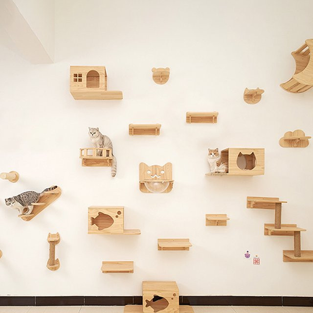 Modernes Wandmontiertes Katzenregal aus Holz in Braun Matt als schwebende Liegefläche und platzsparendes Katzenbett - Bild 1