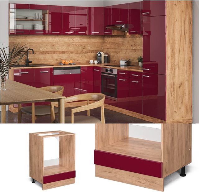 Vicco Herdumbauschrank R-Line Küchenschrank in Bordeaux mit Goldkraft Eiche Hochglanz, Breite: 60 cm - Bild 3