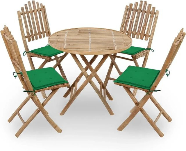vidaXL 5-teilige Garten-Essgruppe aus Bambus mit grünen Kissen, klappbar, rustikal - Bild 1