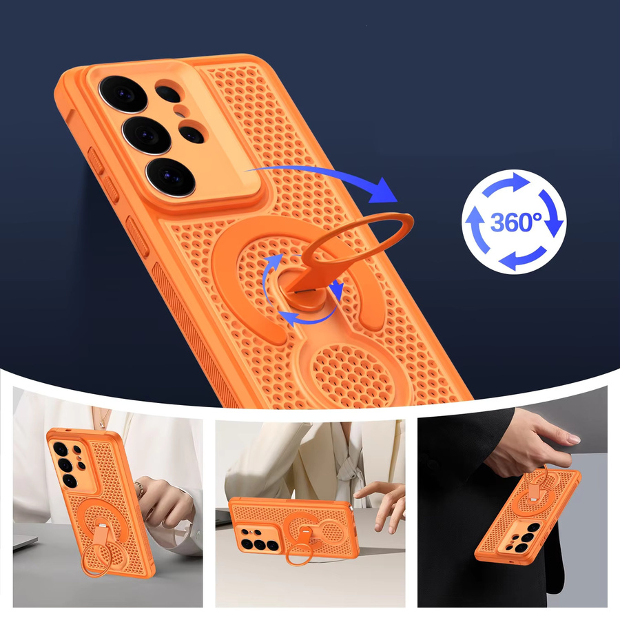 Eurynome Schutzhülle für Samsung Galaxy S26 Ultra und S26 Plus mit 360-Grad-Rotationsring, magnetischer Wärmeableitung und atmungsaktivem Netz in Orange - Bild 5