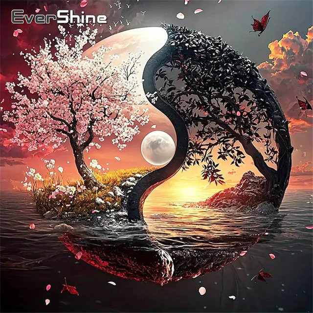 Evershine DIY Diamantmalerei Rund Tai Chi Landschaft mit Sonnenuntergang als Wandkunst in Mehrfarbig - Bild 1