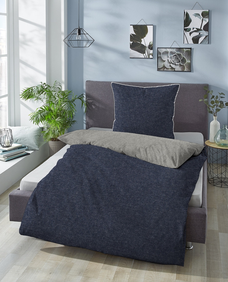 Biberna Bettwäsche aus Baumwolle Flanell Uni-Melange in Blau und Grau, B/T/H: 155 x 220 x 80 x 80 cm - Bild 3