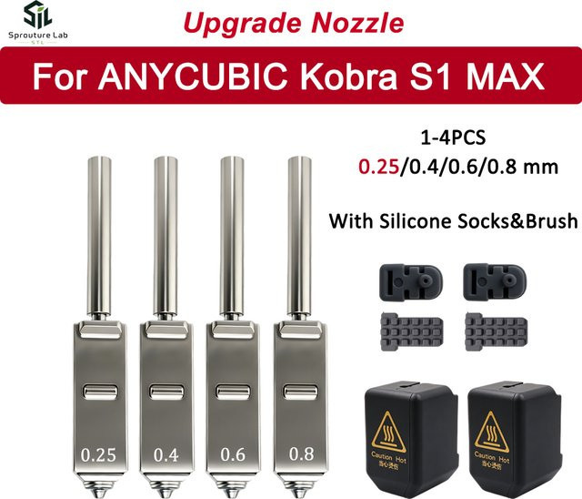 Anycubic Düsen-Kit für Kobra S1 Max mit Düsenwischer aus gehärtetem Stahl und Silikonsocke, Farbe: Silber - Bild 1