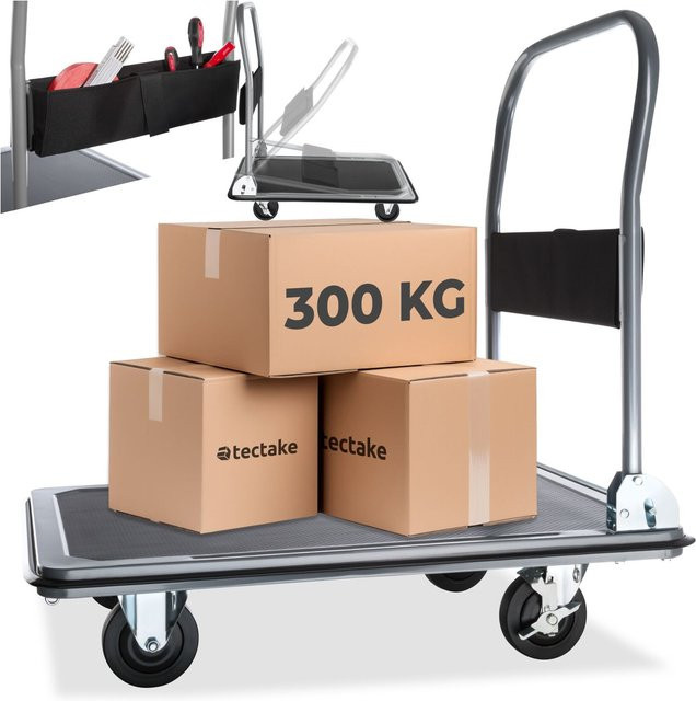 tectake Plattformwagen Schwarz mit klappbarem Handgriff, Aufbewahrungsfach und rutschfester Auflage, B/T/H: 90 x 61 x 88,5 cm - Bild 1