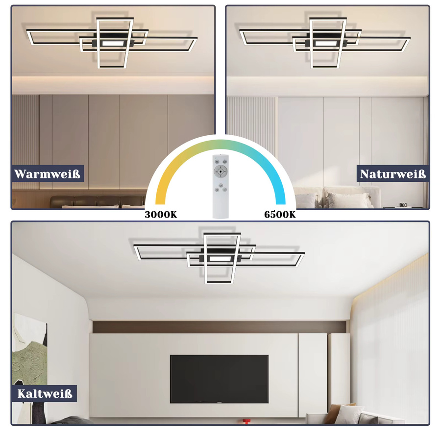 NETTLIFE Moderne LED Deckenleuchte 50W mit drei rechteckigen Rahmen, dimmbar 3000K-6500K, Fernbedienung und Memory Funktion, Augenfreundlich, Aluminium - Bild 5