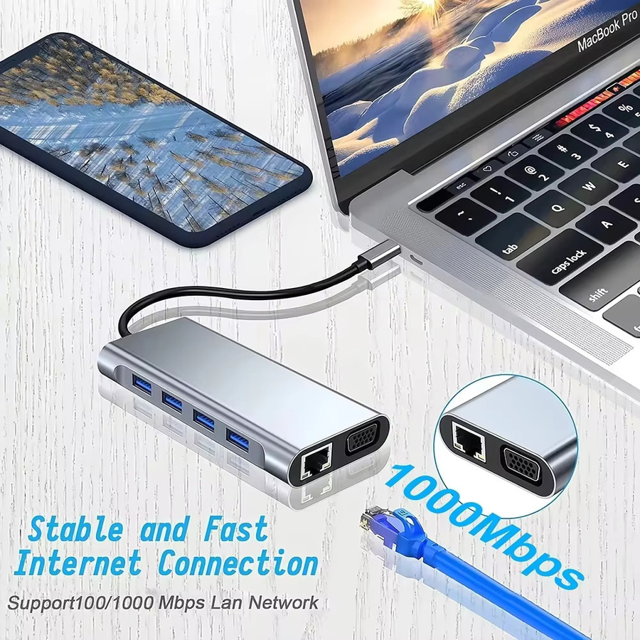 KEBIDUMEI 11-in-1 USB-C Hub Dockingstation mit 4K HDMI, VGA, 1000Mbps Ethernet, SD/TF Kartenleser und USB 3.0 für PC und Macbook - Bild 6