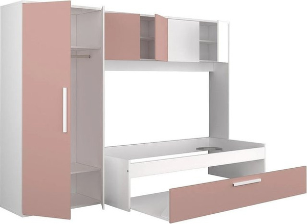 Vente-unique Bettrahmen Lumoka Ausziehbett mit Schrank in Rosa und Weiß, B/T/H: 298,4 x 96,5 x 203,3 cm