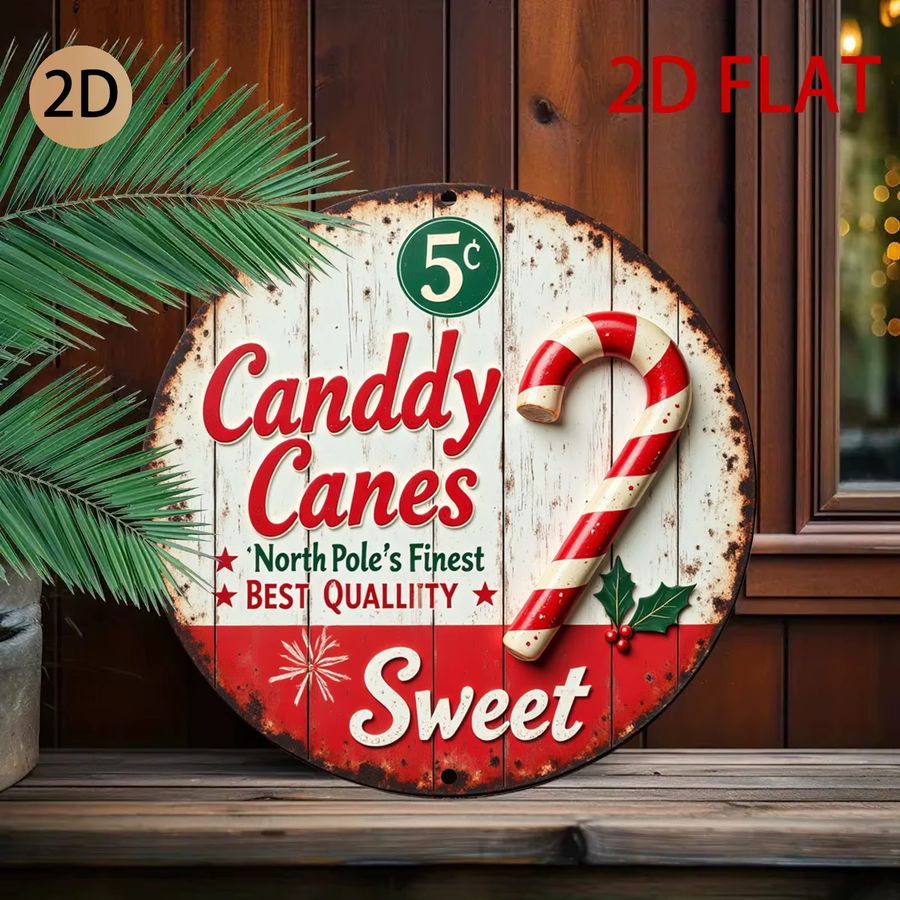 Vintage Candy Cane Metall-Wandkunst von Potdemiel – Kreisförmiges Blechschild mit rot-weißen Streifen und Holly-Akzenten für Weihnachten, Durchmesser: 20 cm - Bild 5