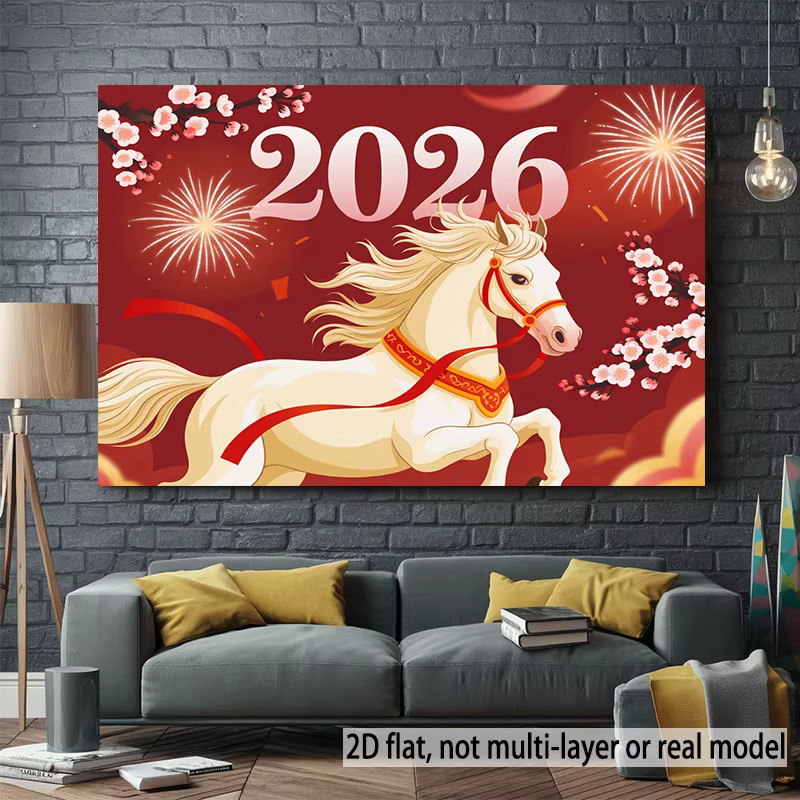 VIKAMA Wandteppich mit goldenem Pferd und Sternzeichen in Gold und Rot, Orientalische Illustration für das Neujahr 2026, B/H: 60 x 40 cm - Bild 2