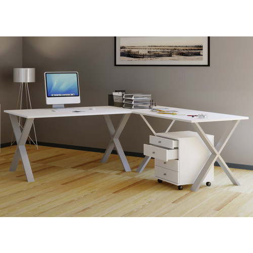 VCM Eckschreibtisch Lona in Weiss mit Silbernes X-Frame Gestell, B/T/H: 190 x 50 x 76 cm - Bild 2