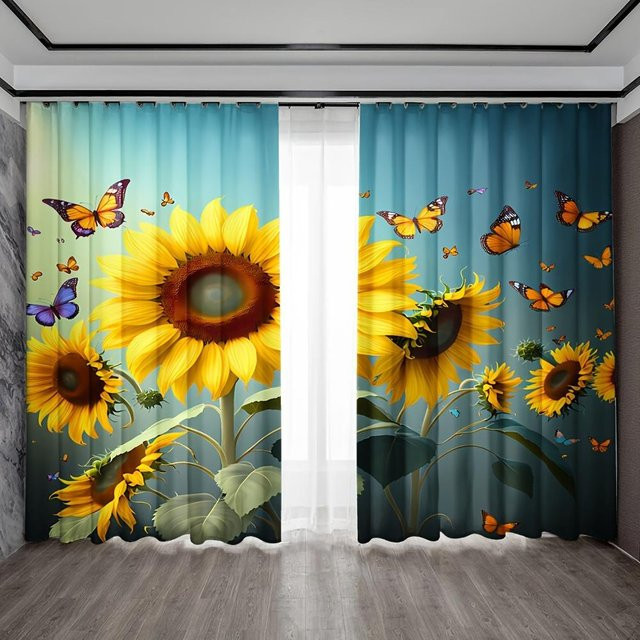 Yiran Furniture Sonnenblumen Vorhänge 2er-Set mit Blumenmuster, halbtransparent, Polyester, Mehrfarbig, B: 60 cm, H: 50 cm - Bild 1